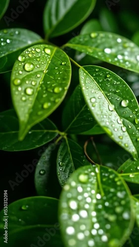 Lush Green Leaves Adorned with Sparkling Water Droplets in a Close-Up View