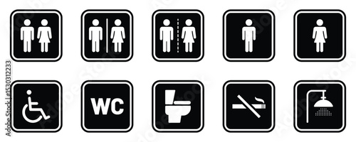 Public washroom and hygiene pictogram set. WC symbols set. Man and woman toilet icon. Wheelchair accessible toilet sign. Toilet icons set, common male female restroom, handicap wheelchair access