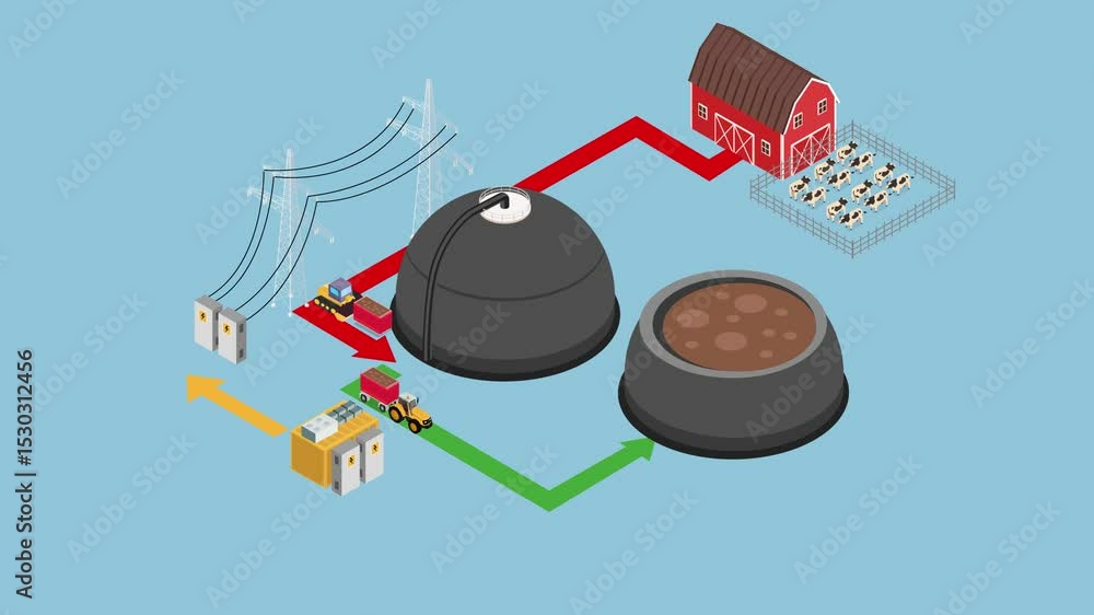 Biogas Production – Isometric Illustration of Renewable Energy from Cow ...