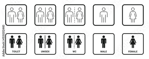 WC sign set icons. Restroom or bathroom for man and woman to peeing. Man and woman icons set. male and female sign and symbol.