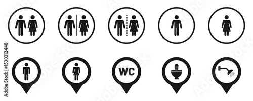 WC sign set icons. Restroom or bathroom for man and woman to peeing. Man and woman icons set. male and female sign and symbol.
