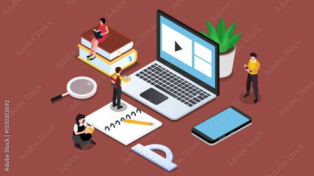 Online Education Concept with Laptop, Books, Students and Digital Tools 3d animation cartoon Online Education Concept with Laptop, Books, Students and Digital Tools 3d animation cartoon