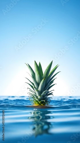Pineapple Floating in Blue Water, Tropical Fruit in Motion, Summer Refreshment