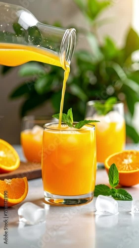 Pouring Fresh Orange Juice into Glass with Ice and Mint, Refreshing Drink