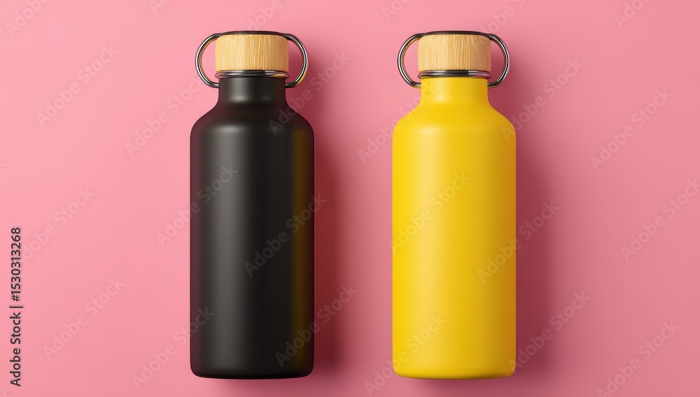 Two colorful insulated water bottles, black and yellow, with light brown wooden caps Two colorful insulated water bottles, black and yellow, with light brown wooden caps