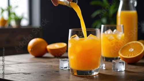 Pouring Fresh Orange Juice into Glass with Ice on Rustic Wooden Table