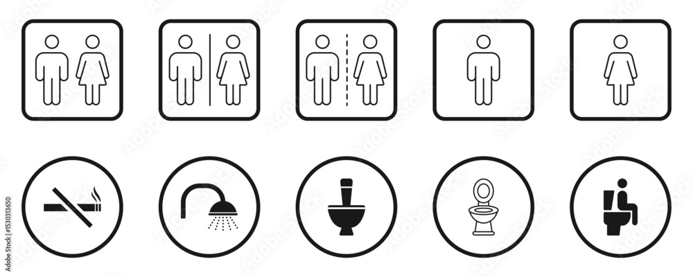 Male and female restroom. Set of restroom, toilet icon collection. Restroom or bathroom for man and woman. Man, woman and disabled icon, Toilet and bathroom sign vector illustration. Male and female restroom. Set of restroom, toilet icon collection. Restroom or bathroom for man and woman. Man, woman and disabled icon, Toilet and bathroom sign vector illustration.