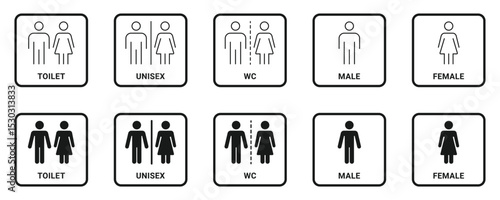 Toilet icon set. Male and female restroom. WC icons set. Toilet sign. Man, woman, handicapped silhouettes collection. Male and female restroom.