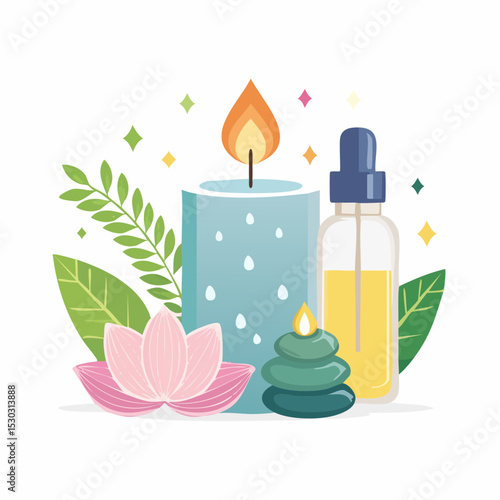 Vector of a wellness icon set with candle, leaf, flower, and aromatherapy bottle.