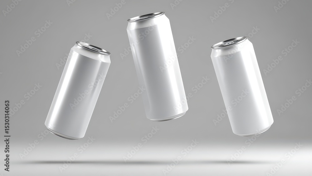 Three blank aluminum cans levitate on a light gray surface Three blank aluminum cans levitate on a light gray surface