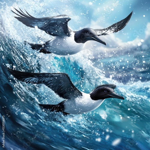 Two seabirds soar through icy waves