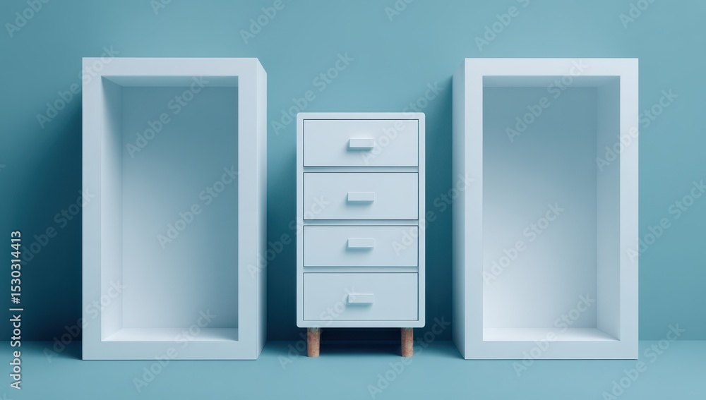 Light blue room with white furniture and empty niches Light blue room with white furniture and empty niches