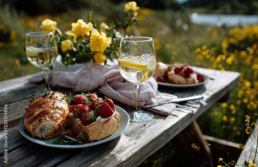 Romantic picnic with wine, strawberries and croissant in blooming meadow Romantic picnic with wine, strawberries and croissant in blooming meadow