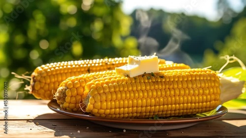 Steaming Corn on the Cob with Melting Butter on a Plate, Outdoor Summer Feast