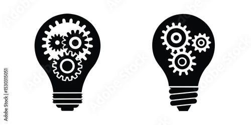 Light Bulb Filled With Gears Symbolizing Mechanism Silhouette on White Background