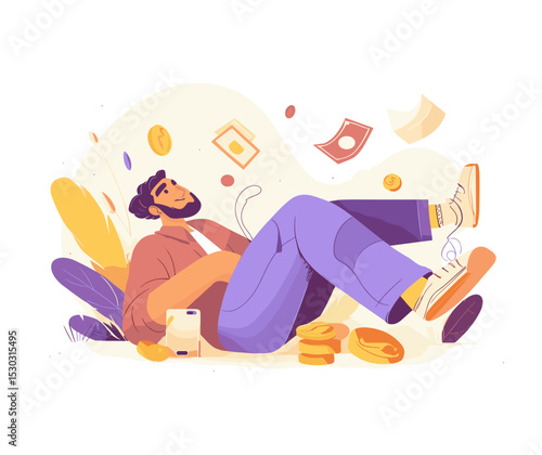Financial Freedom: A man surrounded by coins, cards and notes visualizes financial freedom and a life of ease.