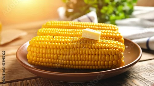 Steaming Corn on the Cob with Melting Butter on Rustic Wooden Table