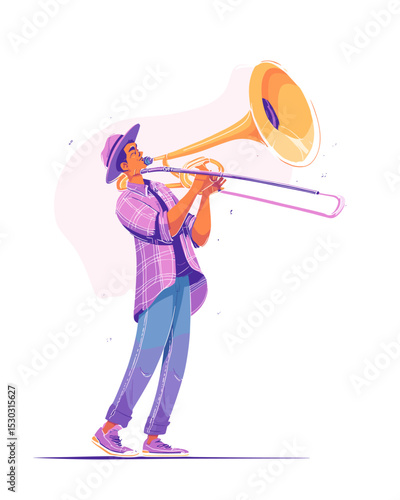 Trombone Player Illustration: A vibrant illustration of a musician passionately playing a trombone, capturing the energy and joy of music.