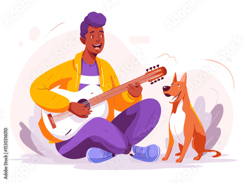 Harmony and Friendship: A person serenades their loyal dog with a guitar, creating a scene of melodic joy and companionship in a vibrant illustration.