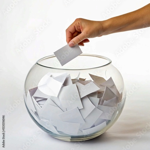 hand holding a glass of water, A hand reaching into a clear glass bowl filled with white paper slips. The slips are all different and each represents a potential winner