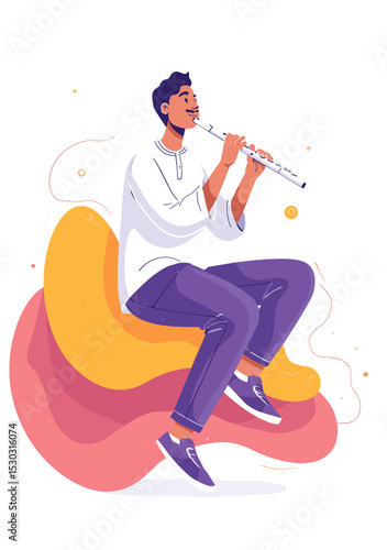 Musical Harmony: A solitary individual sits, immersed in the creation of melody, their flute weaving a tapestry of sound. Their tranquil pose sets in vibrant hues.
