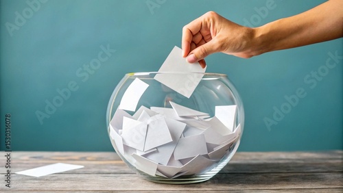 recycling symbol in the hand, A hand reaching into a clear glass bowl filled with white paper slips. The slips are all different and each represents a potential winner