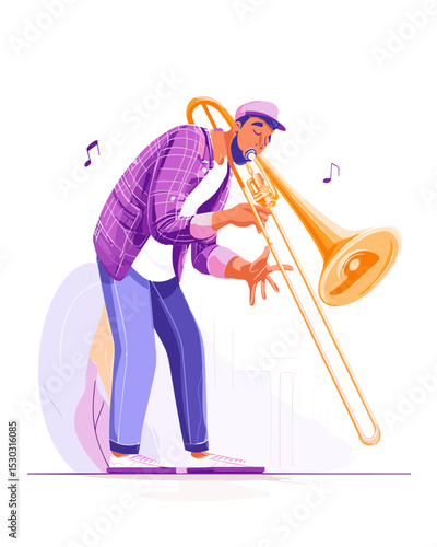 Trombone Player in City: A vibrant illustration of a man playing a trombone against a blurred cityscape background. The image captures the energy and passion of music. 