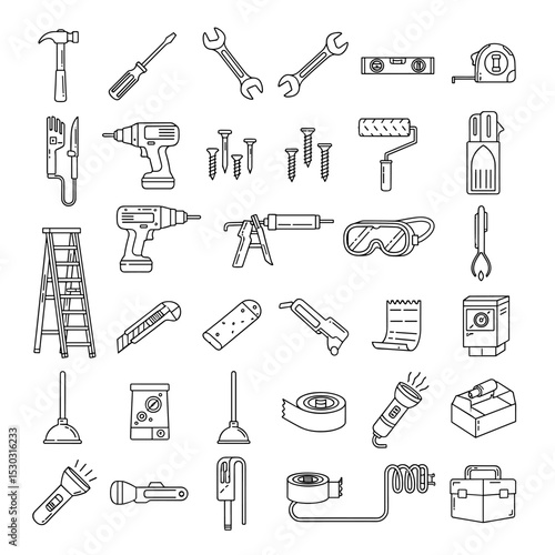 Construction Tools Line Icons: A comprehensive collection of essential construction and DIY tools depicted as clean and simple line icons, perfect for web design, app interfaces.