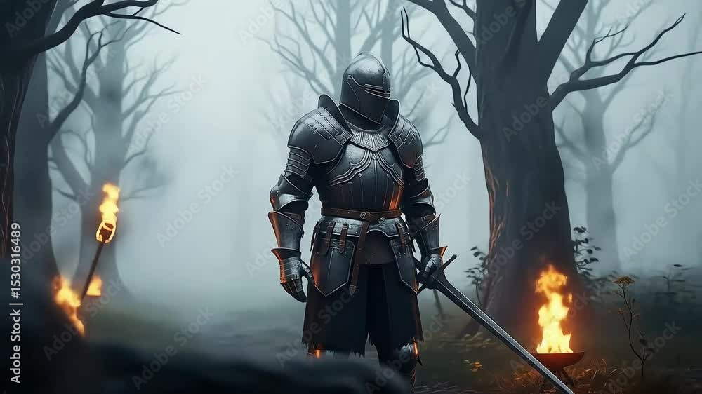 Armored Knight with Sword Stands Guard in a Misty Forest with Torches Burning Armored Knight with Sword Stands Guard in a Misty Forest with Torches Burning