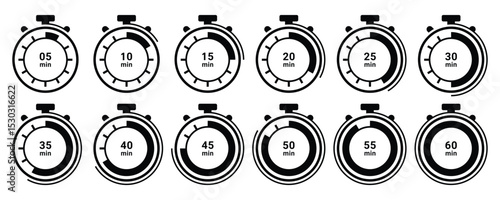 Progressive time interval alarm clock icons. Set of alarm clock icons displaying increasing time durations in segmented formats. Perfect for time tracking apps and visual schedules.