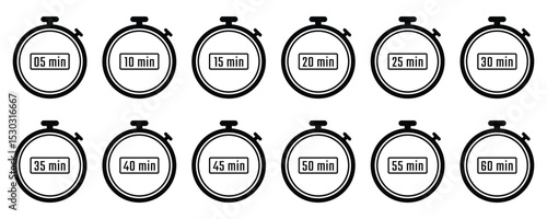 Progressive time interval alarm clock icons. Set of alarm clock icons displaying increasing time durations in segmented formats. Perfect for time tracking apps and visual schedules.