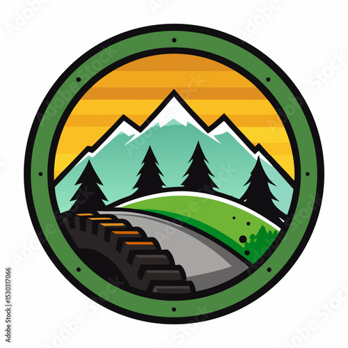 Mountain landscape with road and trees in circular frame