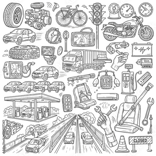 Vehicular Collection: A meticulously hand-drawn collection of transportation icons, including cars, bikes, and various automotive components, showcasing an array of vehicles and accessories.