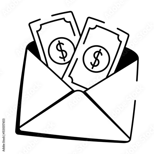 Hand drawn icon showing salary payout in an envelope