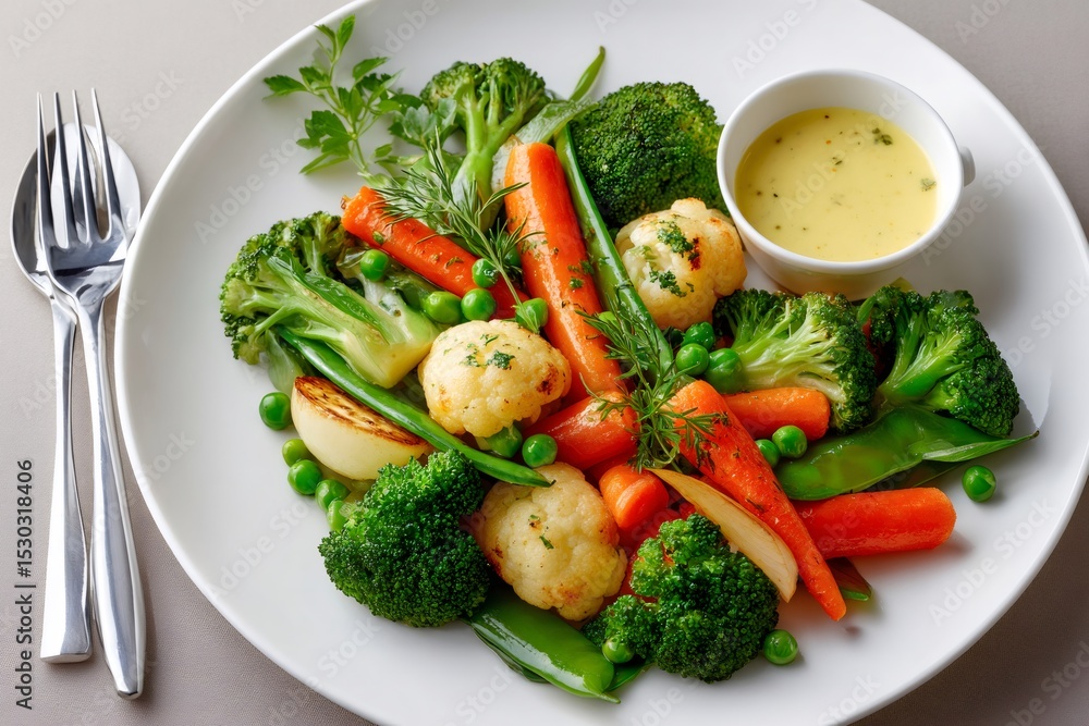 Plate of steamed vegetables with dipping sauce promoting healthy eating Plate of steamed vegetables with dipping sauce promoting healthy eating