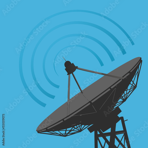 Silhouette of satellite dish with signal waves on blue sky