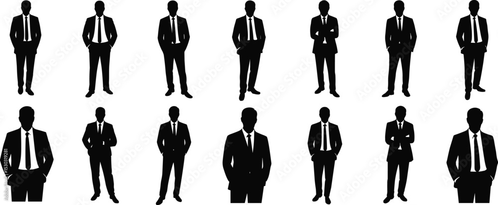 Businessman silhouette collection, men in suits vector set, standing corporate poses, formal professional male icons, office executive illustration design
flat vector illustration Businessman silhouette collection, men in suits vector set, standing corporate poses, formal professional male icons, office executive illustration design
flat vector illustration