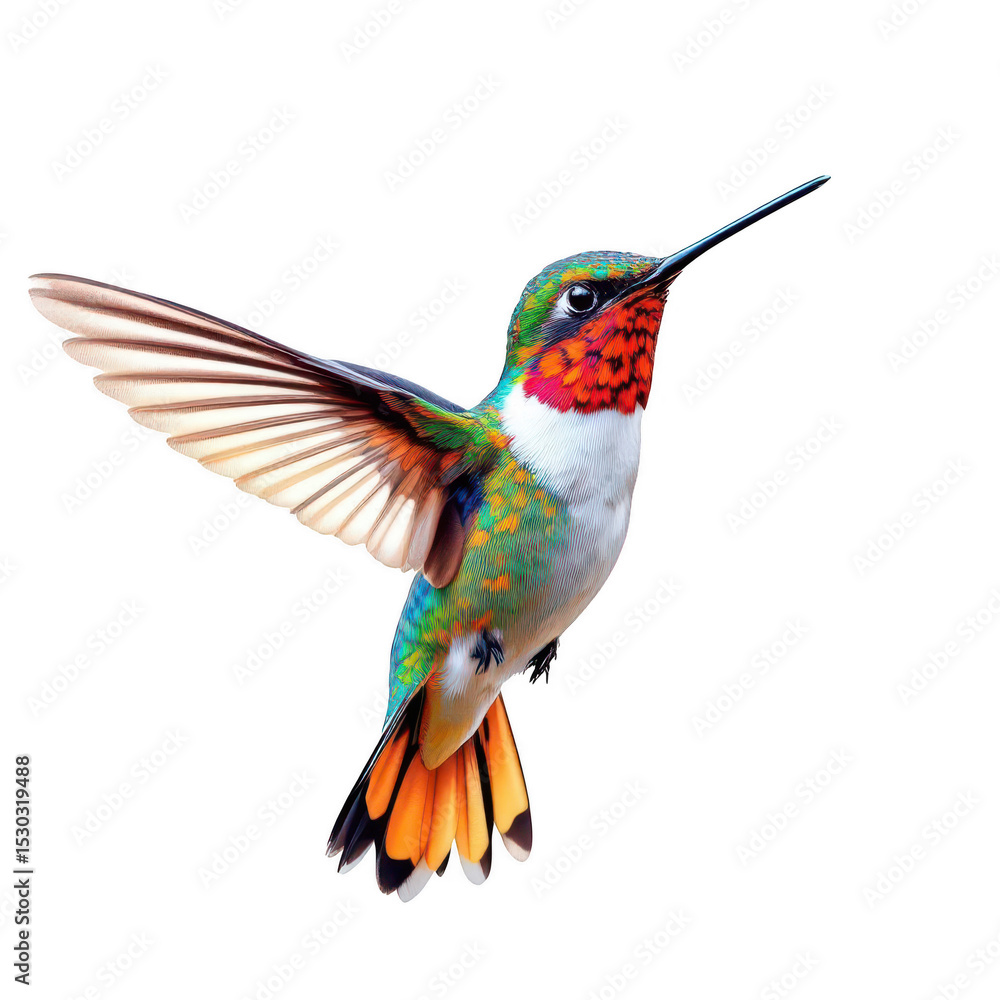 Obraz premium Emerald Hummingbird in Flight: A brilliant hummingbird, captured mid-flight, showcasing its vibrant plumage and remarkable aerial agility. Witness the beauty of nature's tiny aviator.