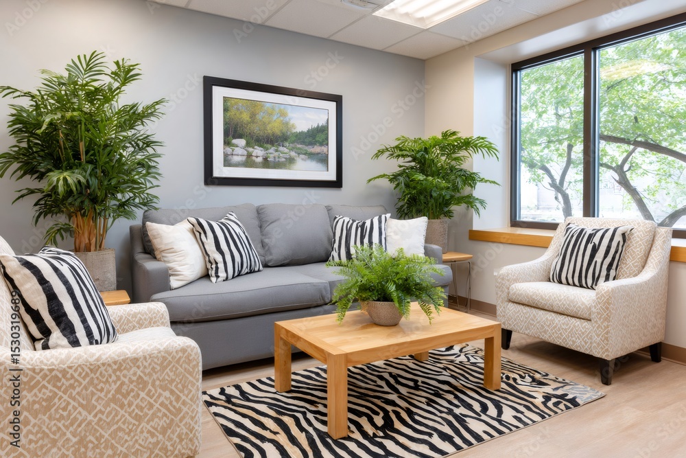 Fototapeta premium Waiting room with gray sofa and zebra-patterned rug featuring a tranquil landscape painting