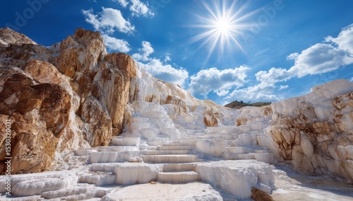 Wallpaper Mural White terraced mineral formations cascading down, sunlit landscape Torontodigital.ca