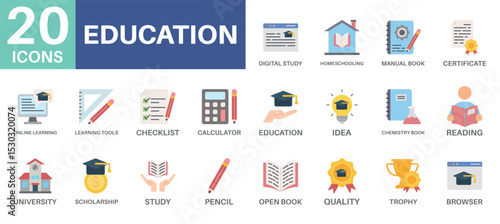 education pack concept design icons set collections, simple style design inspiration for any interface and purpose suitable for symbols and more