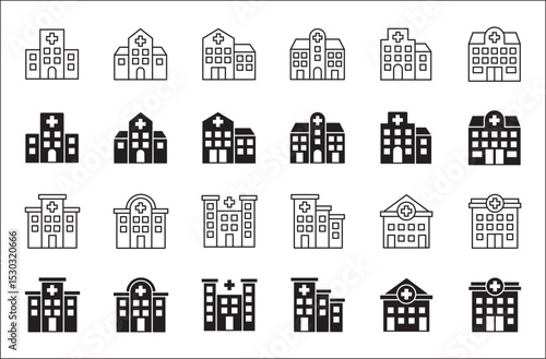 Hospital building icon set. Hospital and healthcare icon collection. Icon symbol of hospital buildings, medical house, medic, clinic, digital healthcare. Vector illustration