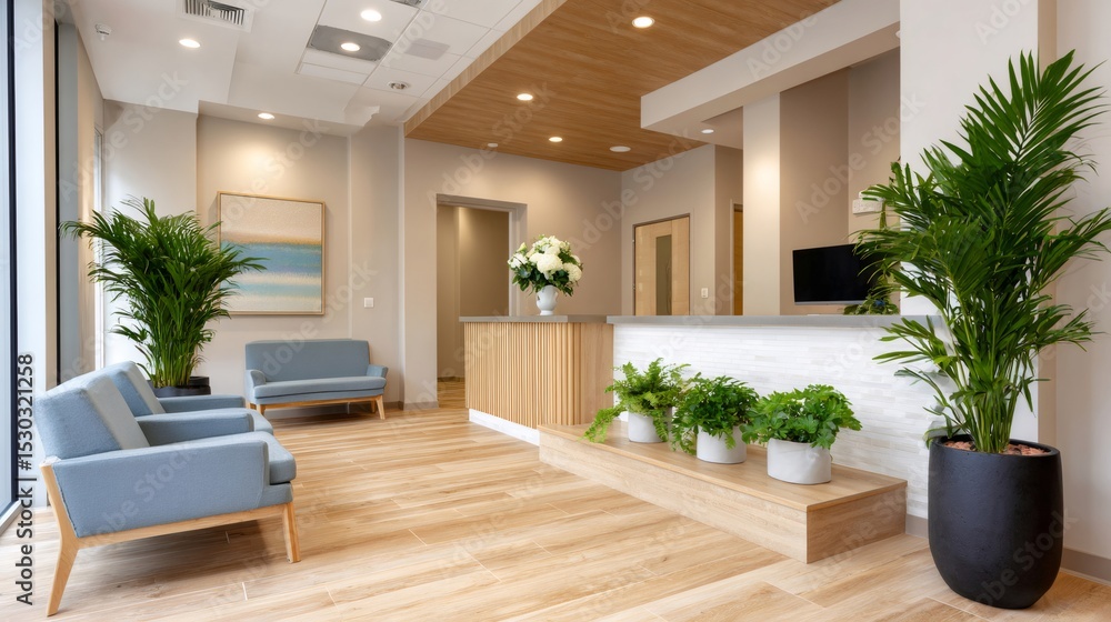 Fototapeta premium Modern office lobby interior design featuring stylish waiting area and reception desk