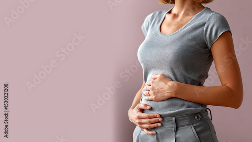 A woman holds her stomach which hurts due to menstrual problems isolated on pastel background