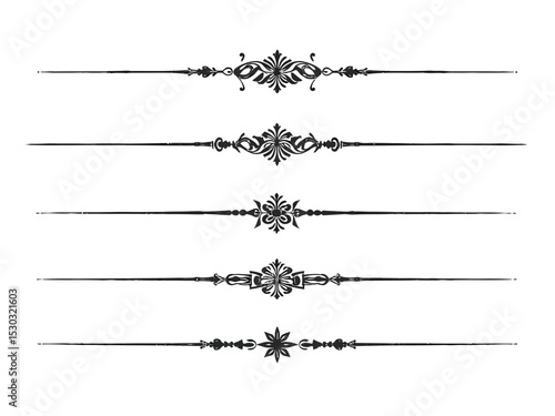 Five ornate black and white decorative dividers or rules for page design elements.