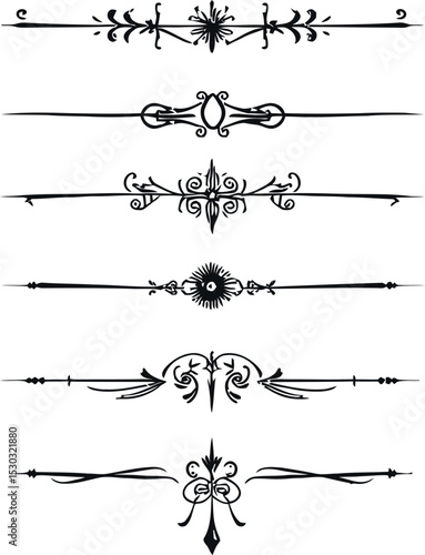Elegant set of hand-drawn decorative dividers, flourishes, and borders for design elements.

"23.eps