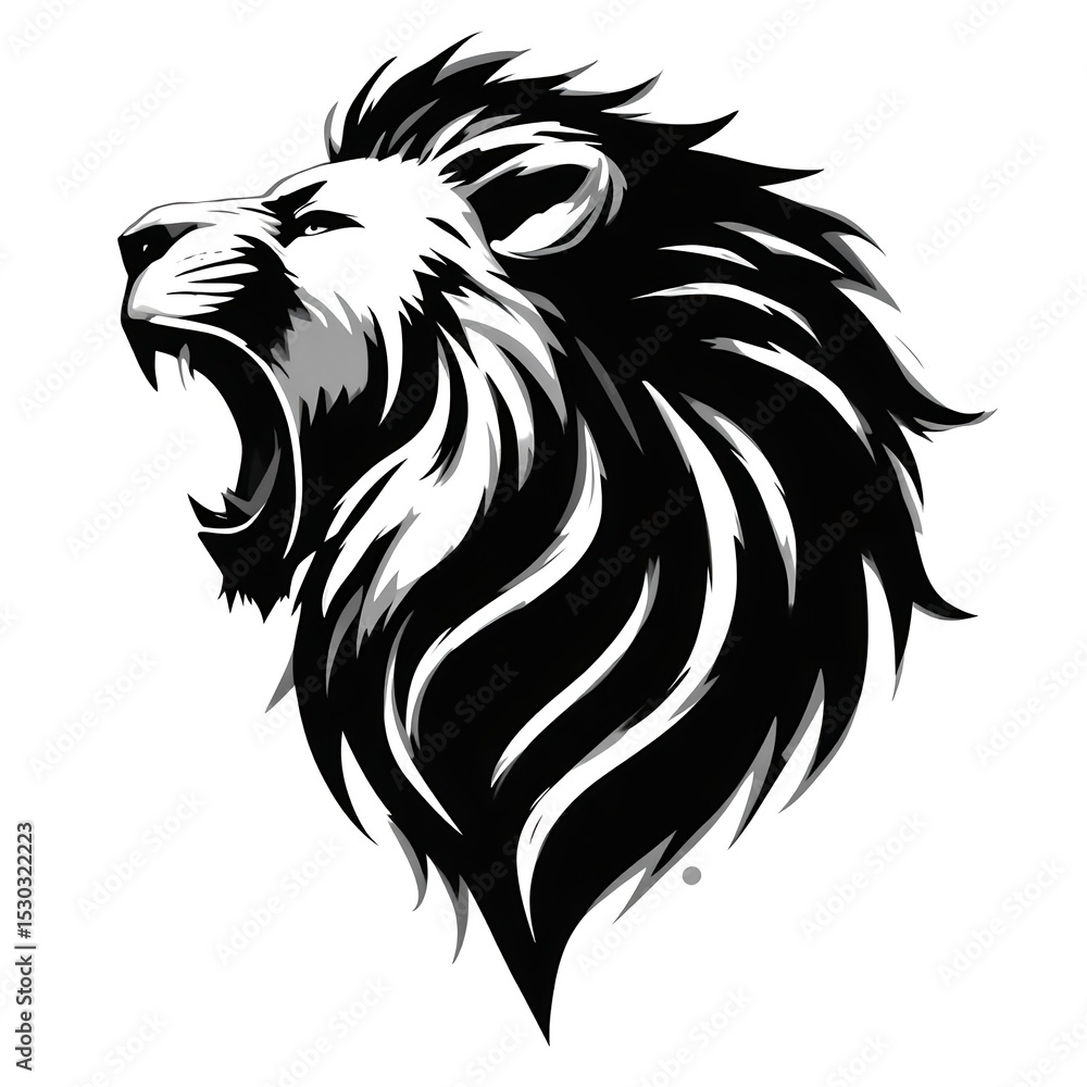 Obraz premium Schwarzes Vektor-Icon eines brüllenden Löwen im Profil, majestätische Silhouette auf weißem Hintergrund – kraftvolles, minimalistisches Symbol für Stärke und Wildtiere im Design.