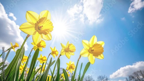 Bright yellow daffodils in lush spring field
