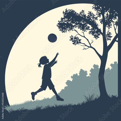 Silhouette illustration of a girl reaching for a ball under a tree