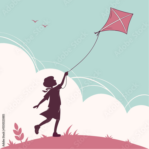 Silhouette of a girl flying a kite on a sunny and windy day